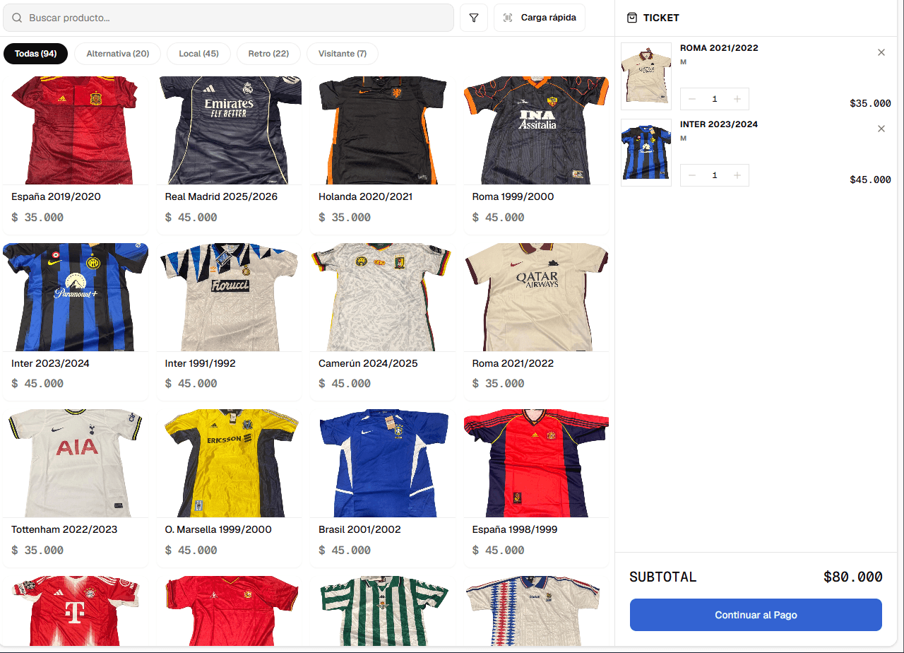 Pantalla de venta con grilla de productos y el ticket a la derecha